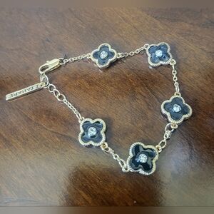 Tahari Gold-Tone Black Clover Flower Bracelet with Crystals